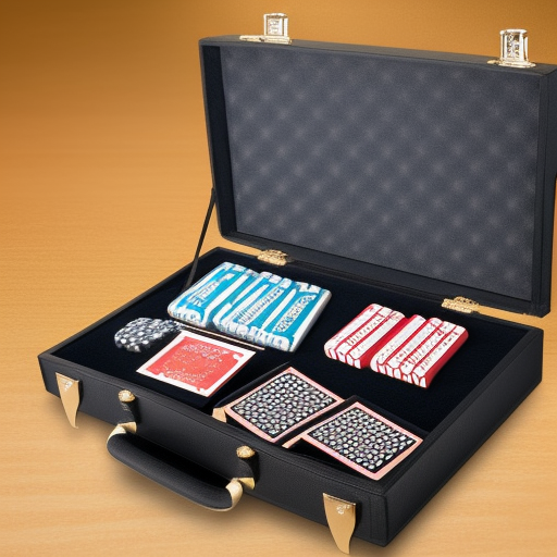 

An image of a high-quality poker set with a black felt-lined case, containing a deck of cards, chips, and dice. The set is perfect for hosting a home poker game with friends and family.
