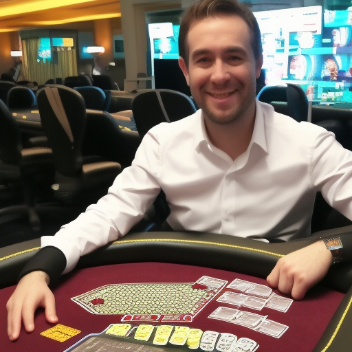

A picture of a smiling professional poker player sitting at a poker table with a stack of chips in front of him. He is wearing a black suit and a white shirt, and has a confident expression on his face.